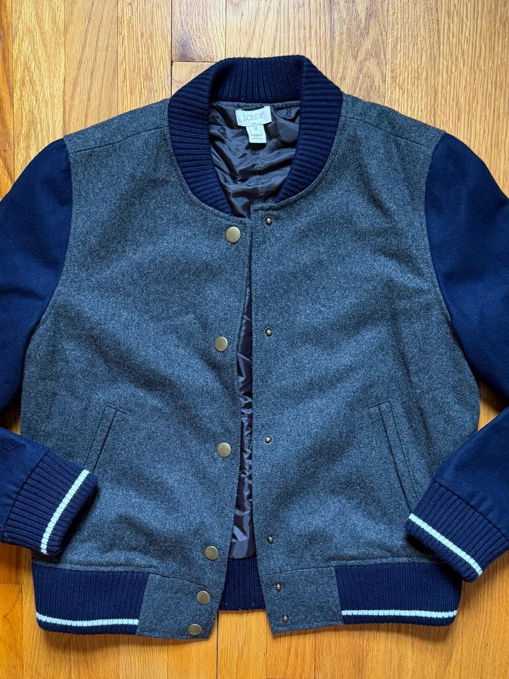 J. Crew Gray & Navy Wool-Blend Varsity Bomber Jacket